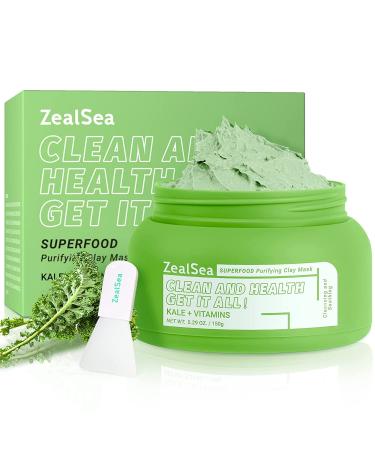 ZealSea Superfood Clay Mask for Face - Vegan Detox Mask with Vitamin C/E for Blackheads & Pore Cleansing - Kale Organic Kaolin Mud Mask for Women & Men - 5.29 oz - Buy Online on GoSupps.com