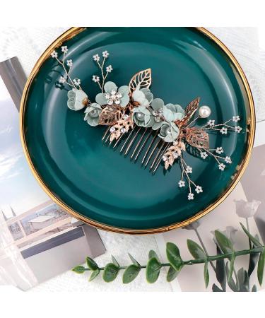 FERCAISH Wedding Hair Comb Flower Crystal Bridal Hair Accessories Pearl Leaf Headpiece for Wedding Bride Bridesmaid (Green) Mint Green - Buy Online on GoSupps.com