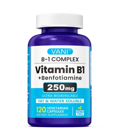 VANI 250mg Vitamin B1 with Benfotiamine, Complex 2 in 1 Enhanced Formula -Fat & Water Soluble Thiamine B1 Supplement | 120 Capsules | Gluten Free