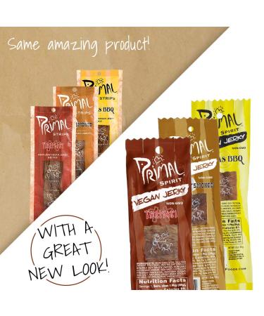 Primal Spirit Vegan Jerky Most Popular Flavors Pack - 24-Pack (1 oz) Plant Based Protein - Teriyaki, Hickory Smoked, Texas BBQ, Thai Peanut, Hot & Spicy, Mesquite Lime - Buy Online on GoSupps.com