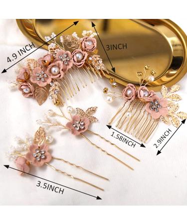 Pink Crystal Pearl Bridal Flower Hair Pins Set for Wedding - Gold Accessories for Brides & Bridesmaids - Buy Online on GoSupps.com