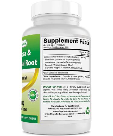 Best Naturals Echinacea Goldenseal 450mg - 250 Capsules | Immune Support Supplement - Buy Online on GoSupps.com