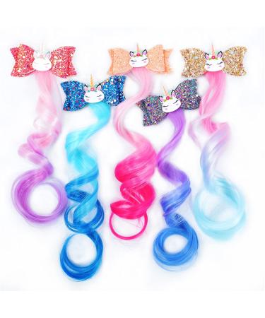 5-Colors Hair Clips for Girls Hair Bows for Girls Hair Accessories for Girls kids Hair Clips Girls Hair Bows Unicorn Hair Clips Girls Hair Accessories Glitter Braided Curly Gradient Kids Hair Extensions for Kids Princess D…