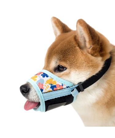 Muzzle for dogs muzzle made of soft nylon with motif anti-bite anti-barking anti-tapes for small medium and large dogs (L blue flower) l Blue flower