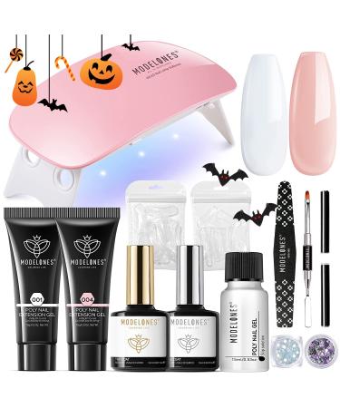 Modelones Poly Extension Gel Nail Kit 2PCS Builder Extension Gel Nude White Colors with Mini Nail Lamp Slip Solution Rhinestone Nail Manicure All-in-one Kit French DIY Nail Art Design Beginner Kit A-Light Apricot