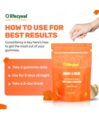 Life Cykel - AM Energy and Focus Mushroom Gummies 60 Count - Organic Lion's Mane Gummies with Cordyceps Guarana & Alpha GPC for Mental Clarity Natural Energy Endurance & Focus - Lemon Peach Flavor 60 Count (Pack of 1) - Buy Online on GoSupps.com