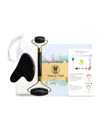 Sodacoda Gua Sha Set - Tradional Chinese Beauty Face Massage - Semi Gemstone Scraper and Roller - Black Obsidian