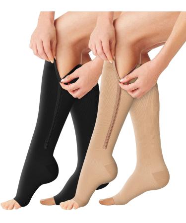 BLUEENJOY Zipper Compression Socks - 2 Pairs 15-20mmHg Open Toe Toeless Compression Socks for Women and Men 02 Black+Nude Large-X-Large