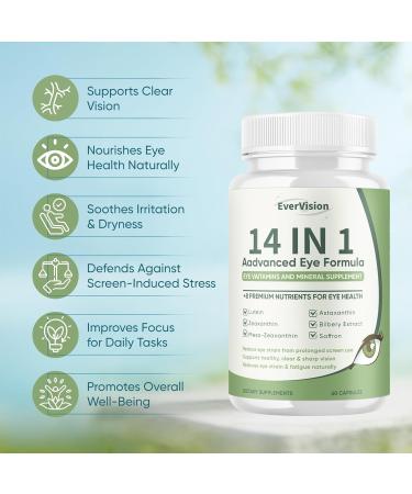 Evervision 14 in 1 Advanced Eye Formula Eye Vitamin and Mineral Supplement with Zinc Lutein Zeaxanthin & Bilberry Extract 60 Capsules (1) - Buy Online on GoSupps.com