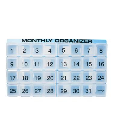 Monthly Pill Organizer | 31 compartments 1 per Day 4 Week Full Month 31 Day Pill Organizer | Includes Tray and 8 Removable compartments Blue