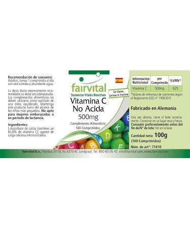 Fairvital | Vitamine C tamponn e 500mg - boite de 100 jours - VEGAN - Fortement dos - 100 comprim s - ascorbate de calcium - Buy Online on GoSupps.com