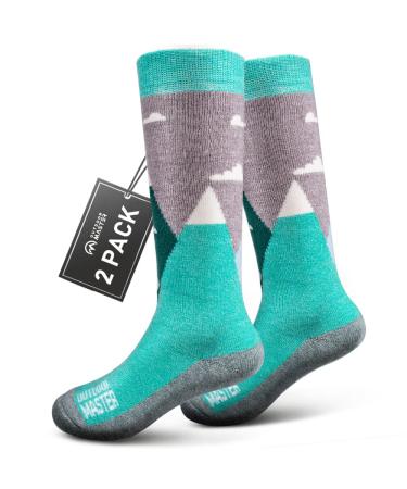 OutdoorMaster Kids Ski Socks - Merino Wool Blend, Over the Calf Design w/Non-Slip Cuff Woodland Green - 2 Pack Small
