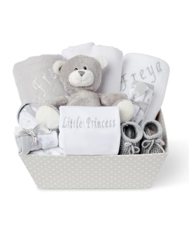Personalised Baby Gifts - Baby Girl Gifts Newborn Baby Essentials for Newborn New Born Baby Gifts Girl Hamper Gift for Baby Girl Newborn Baby Girl Gift Set - Personalised New Baby Girl Gifts Grey
