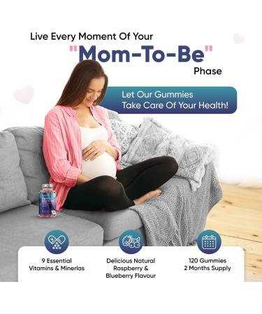 Prenatal Gummies with EPA & DHA | 2 Month Supply | Folate, Omega-3, 9 Essential Minerals | Natural Raspberry & Blueberry Flavor | Pregnancy Vitamins - Buy Online on GoSupps.com