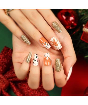 DMQ Coffin Christmas False Nails - Gold Glitter Fake Nails with Festive Patterns | Press on Nail Set with Glue for Women and Girls - Buy Online on GoSupps.com