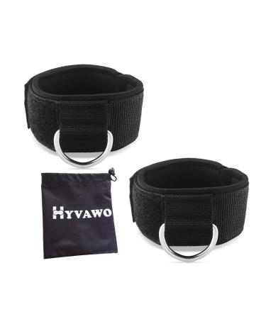 HYVAWO Ankle Strap Neoprene Padded Fitness Wrist Cuff with D Ring High Strength Exercises Belt Gym Pulley Strap for Cable Machines (Black 2 Pack)