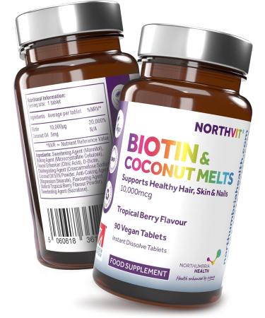 Biotin & Coconut Melts 10 000 g of Biotin 5mg Coconut Oil Hair Growth Supplement 90 Vegan Tablet Melts Hair Skin & Nails Vitamins for Men & Women - Buy Online on GoSupps.com