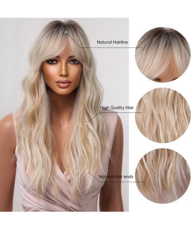 Kellynee Ombre Blonde Long Wavy Wig with Bangs - Dark Roots, Light Brown, and Gold Blend - Stylish for Daily & Special Occasions - Buy Online on GoSupps.com