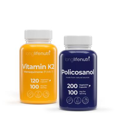 LongLifeNutri Vitamin K2 MK-7 100 mcg & Policosanol 100 mg Bundle 120 Veg Capsules + 200 Veg Capsules Up to 4-Month Supply Bone & Heart Wellness Support Lab Tested Non-GMO Made in USA