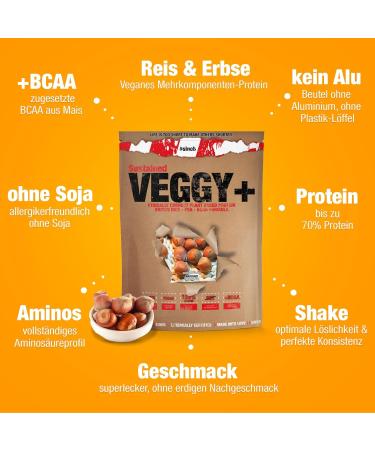 Veggy+ Vegan Protein Powder - Hazelnut Flavor | 900g Rice & Pea Protein with BCAAs | 70% Protein Shake - Buy Online on GoSupps.com