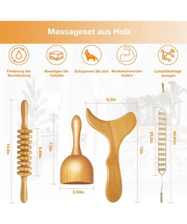 4-Piece Maderotherapy Set - Anti-Cellulite Wood Massage Rollers & Gua Sha for Pain Relief Lymphatic Drainage & Relaxation - Buy Online on GoSupps.com