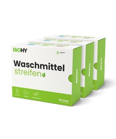 BiOHY Detergent sheets (3 x 60 pieces) | Sustainable travel detergent | Multi-Use & without plastic | biodegradable washing paper | Water-Soluble detergent strips for washing machines (Wasch Bl tter) 180 count (Pack of 1)
