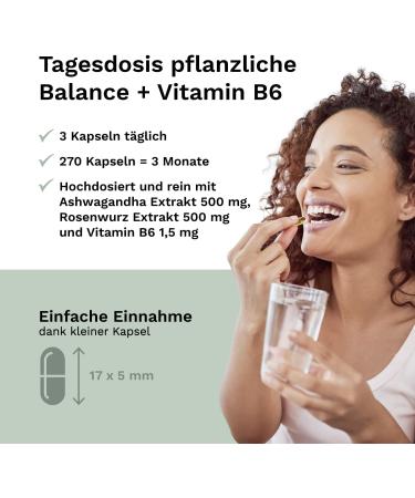 Ashwagandha Capsules with Rose Root & Vitamin B6 | 270 Vegan Capsules - Natural Sleep Support - No Additives - Lab Tested - Made in Germany | Balanced Vitality - Buy Online on GoSupps.com