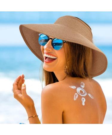 Foldable Straw Sun Visor Hat for Women - Wide Brim Beach Hat with Sun Protection, Adjustable Topless Design - Khaki - Buy Online on GoSupps.com