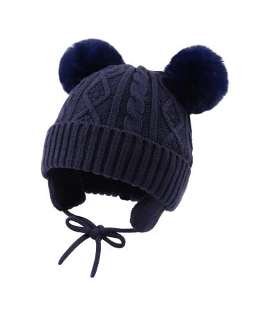 XIAOHAWANG Warm Kids Beanie Winter Knitted Baby Hat for Boys Girls Infant Toddler Toque with Pompom 6-24 Months Navy Pompom