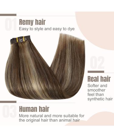 FSHINE Real Hair Clip-In Extensions 120g | Medium Brown & Caramel Blonde Highlights - 7PCs 40cm Remy Hair - Buy Online on GoSupps.com