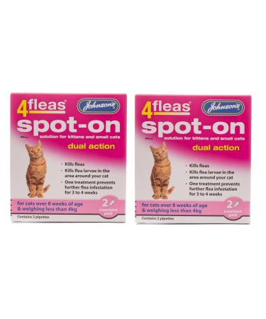 LEEWAY WOODWORK JOHNSONS 4FLEAS CAT - DUEL ACTION SPOT ON - +8 WEEKS BELOW 4KG WEIGHT (2X PACKS)