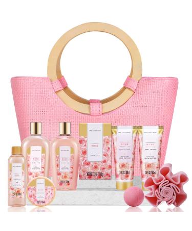 Spa Luxetique Rose Spa Gift Baskets for Women 10pc Bath Gift Set- Pink Tote Bag with Wooden Handles Shower Gel Bubble Bath Bath Bombs Christmas & Birthday Gift Idea