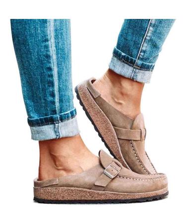 Casual women's sandals clogs suede slip-on sandals summer at home office beach shoes flat round toes back-free hiking shoes green 42 (41 EU) Khaki 39 EU