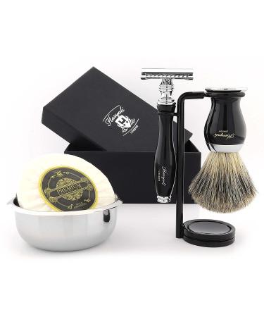 Haryali London 5-part shaving set double-sided razor planer black roof hair brush soap bowl stand set as a gift