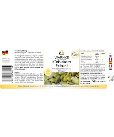 Pumpkin Seed Extract 500mg - High-Dose 100 Capsules with Vitamin E & Selenium | Warnke Vital Substances - German Pharmacy Quality - Buy Internationally - Buy Online on GoSupps.com