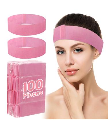 PENCLE Disposable Spa Facial Headbands Pink Stretch Headband Hair Bands Adjustable Elastic Non-Woven Soft Fabric for Women Girls Skin Care Makeup Washing Face Salon Each has Individual Package (100 PCS)