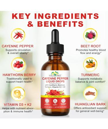 Cayenne Pepper Drops Supplement Liquid with Hawthorn Berry Vitamin D3 K2 Beet Root Powder Ceylon Cinnamon Turmeric Curcumin Gentle Formula Easily Absorbed 60ml - Buy Online on GoSupps.com