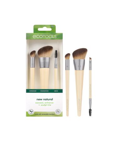 EcoTools New Natural Conceal Enhance & Sculpt Trio Makeup Brushes For Foundation Concealer & Brows Dense Synthetic Bristles For Sculpting Face Vegan & Cruelty-Free 3 Piece Set