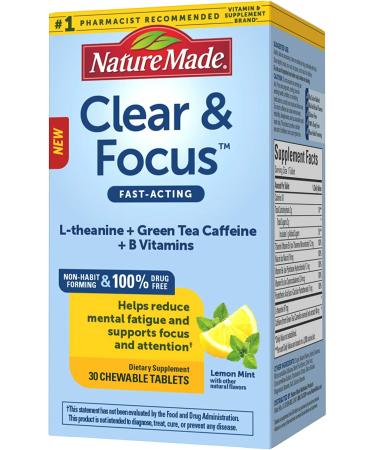 Nature Made Clear & Focus Chewable Tablets - L-Theanine, Low-Dose Green Tea Caffeine, B Vitamins for Energy Support - Lemon Mint, 30 Count - Buy Online on GoSupps.com