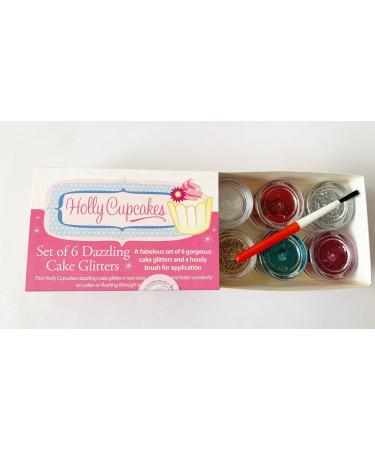Set of 6 Holly Cupcakes Stunning Sparkly Decorating Glitters with Application Brush: Silver Gold Iridescent White Fuchsia Green & Blue - Buy Online on GoSupps.com