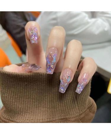 Handmade Wearing Armor with Phantom Purple Gradient Full Diamond Long Ice Transparent Whitening Detachable False Nails(M)