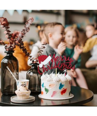 Merry Christmas Cake Topper Red Glitter Christmas Hat Topper Xmas Holiday Cake Picks for Christmas Party Birthday Wedding Decorations - Buy Online on GoSupps.com