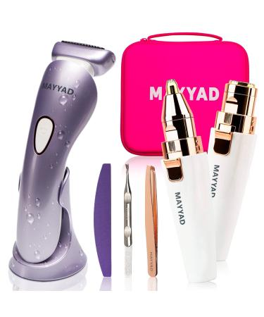 MAYYAD Professional Electric Shaver for Women with LED Light | Cordless Electric Razor, 2 in 1 Rechargeable Eyebrow Trimmer & Facial Hair Remover, Nail Kit | Woman's Grooming Kit with Toiletry Bag Grooming Kit Purple