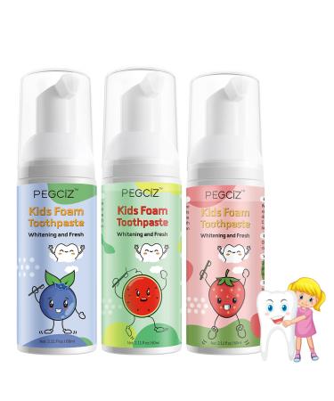 Kids Foam Toothpaste with Low Fluoride Toddler Anti-Cavity Foam Toothpaste 3 Pack with Fruit Flavor Natural Formul for U Shaped Toothbrush for Children Kids Ages 3 Plus 2.11 fl oz/Pack Blueberry+watermelon+strawberry
