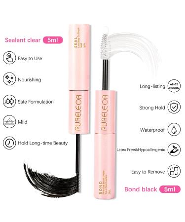 PURELEOR DIY Eyelash Extension Bond and Seal - Strong Hold Black Lash Adhesive - Gentle & Comfortable - All Day Wear - 5ml Bond + 5ml Seal - For Cluster Eyelash Wispies - Buy Online on GoSupps.com