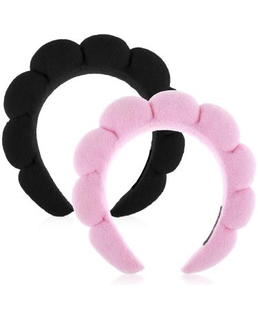 YUXIANLB Spa Headbands for Women Set of 2 Sponge Headband for Washing Face or Facial Skincare Headband Makeup Headbands for Women Terry Towel Cloth Fabric Puffy Shower Hair Accessory(Pink Black) Pink & Black 2
