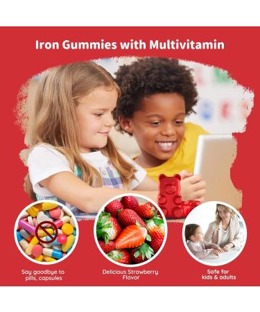 Iron Gummies for Kids, Women & Men, Iron Supplement with Multivitamin - Vitamin B Complex, C, B6, B12, Folate, Zinc for Anemia, Iron Deficiency, Blood Builder, Energy - Strawberry Flavor, Vegan 60ct - Buy Online on GoSupps.com