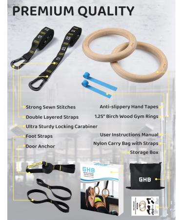 GHB Wooden Gymnastic Rings 1.25'' with Adjustable Numbered Straps for Bodyweight Fitness Training - 32mm Rings Set - Buy Online on GoSupps.com
