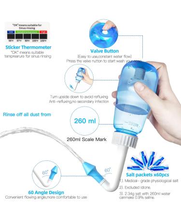 CYOUH Neti Pot 260ml - Sinus Rinse Bottle for Adult & Kids - BPA Free - Nasal Irrigation with 60 Salt Packets - Blue - Buy Online on GoSupps.com