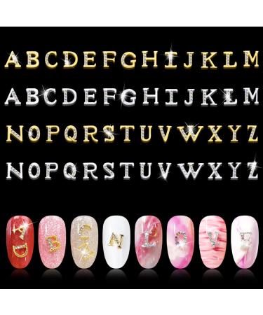 52Pcs Rhinetone Letters Nail Studs, Kalolary Gold Silver 3D Capital Rhinetone Nail Letter English Alphabet Stud Charm DIY Manicure Nails Jewelry Making Crafts Decoration for Women Girls